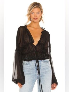 SNDYS Bali Top Black Sheer Ruched Drawstring Blouse Bishop Sleeve Size S Revolve